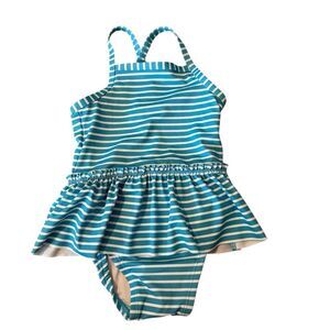 Hanna Andersson 18-24 Moon Blue White Striped Ruffle Kids Swimwear One Piece